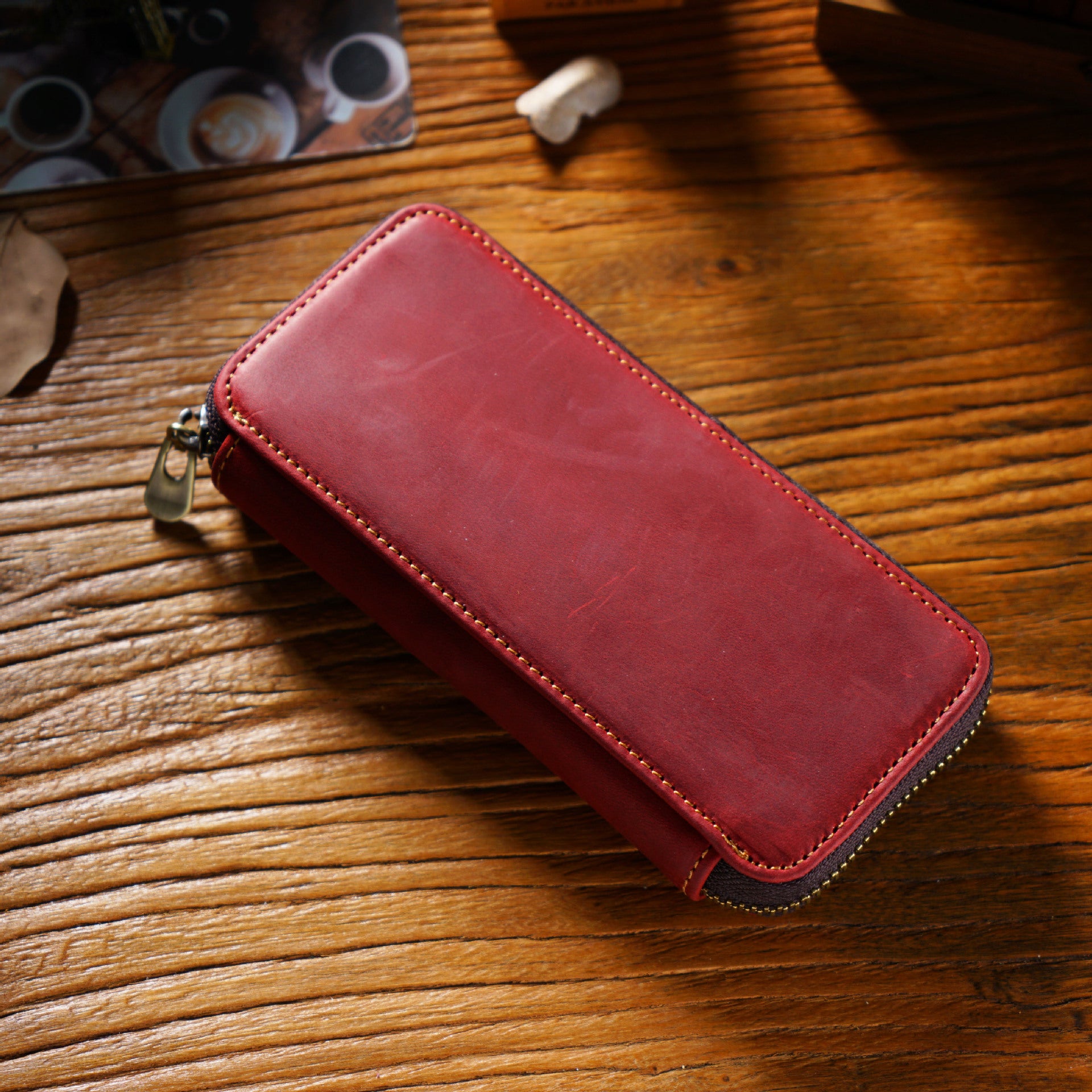 Wholesale Top Layer Cowhide Crazy Horse Leather Square Zipper Pencil Case